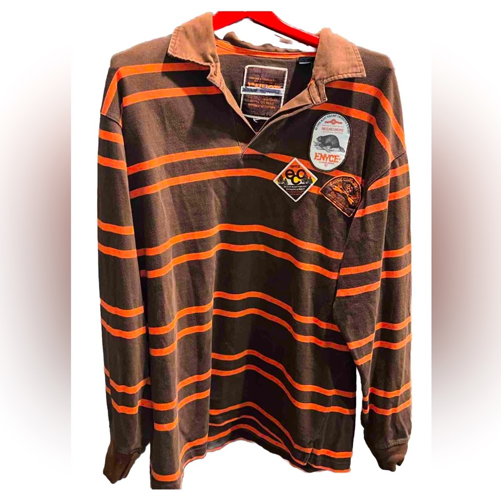Enyce BROWN orange RUGBY Shirt preppy logo patches Collared Embroidery Men’s XL